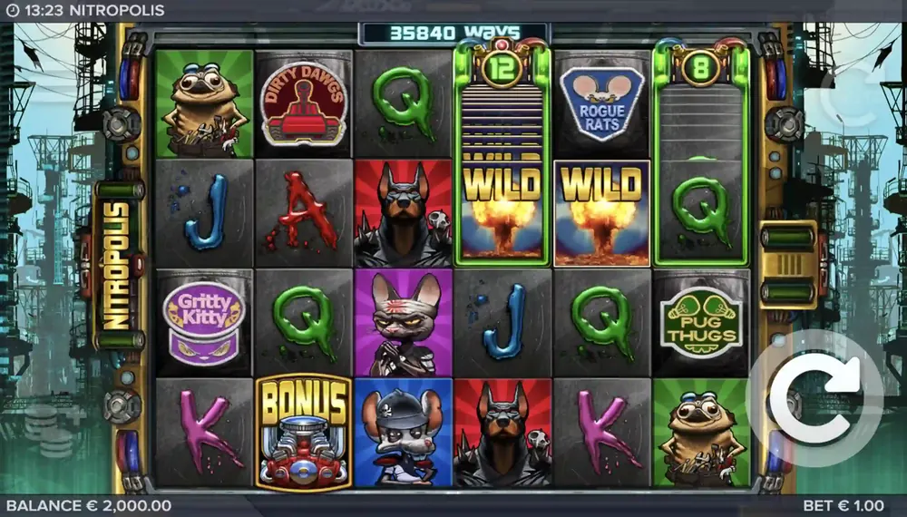 Nitropolis Basisspiel mit 6 Walzen und dem Endzeit-Hintergrund